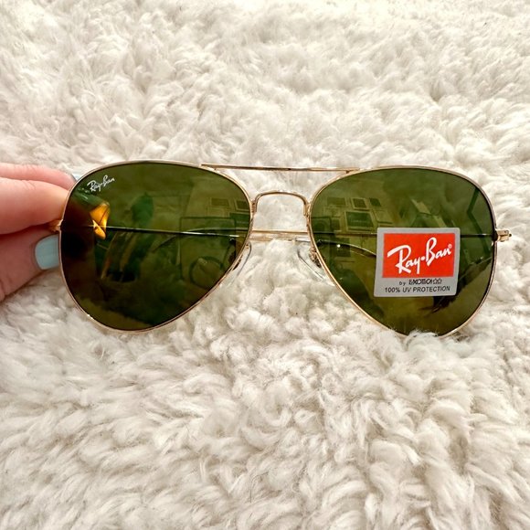 New RAY-BAN Large Metal Aviator Sunglasses Gold Frame Yellow Green Mirrored Lens main image 4